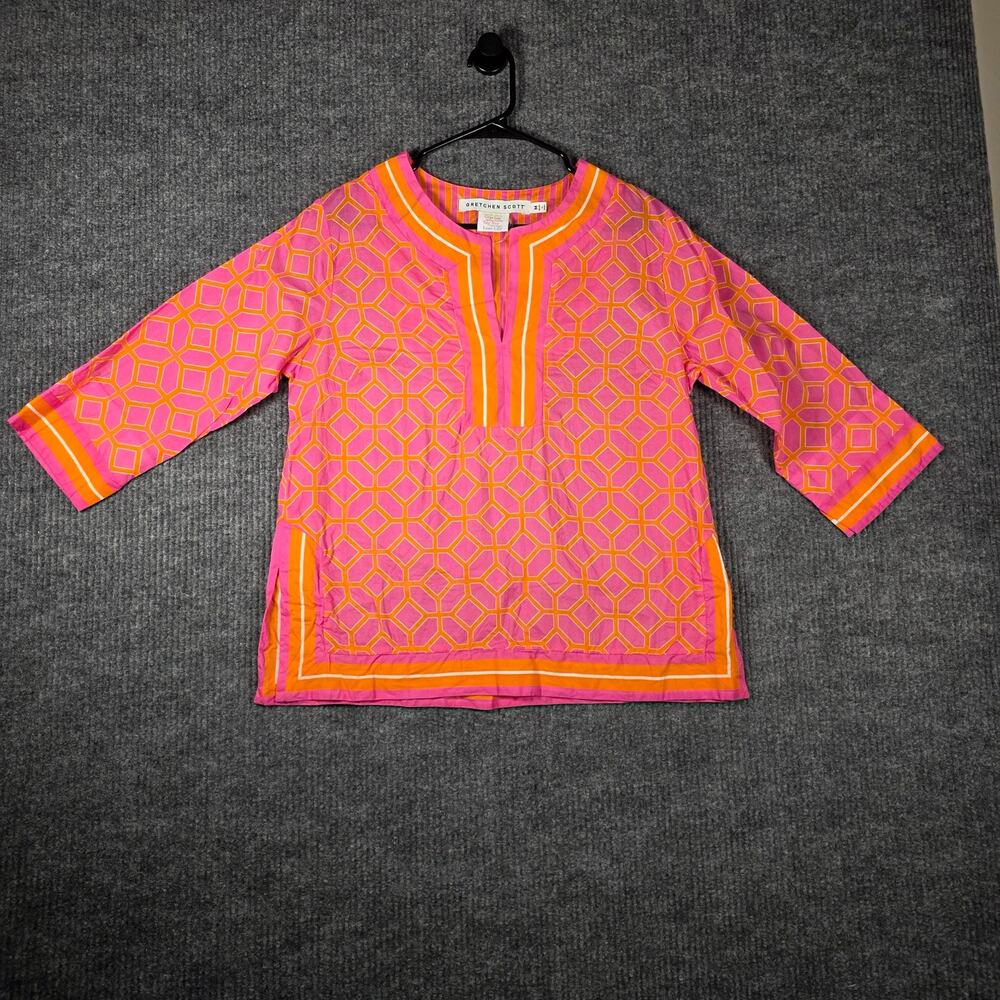 Gretchen Scott Tunic Top Pink Orange Geometric Print 3/4 Sleeve Women M